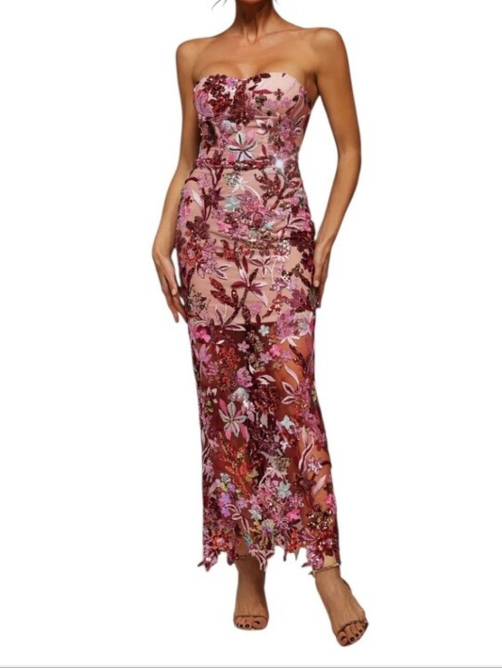 Floral Strapless Midi Dress in Blush Pink